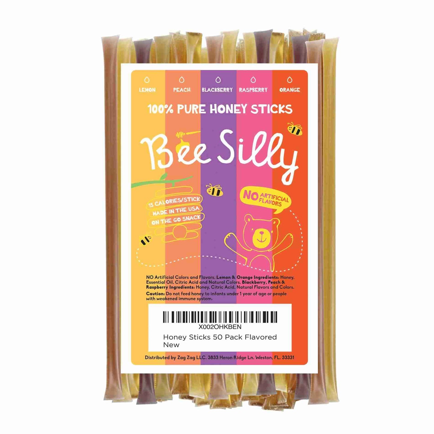 Bee Silly Honey Sticks (50 pack, Variety Pack: Lemon, Orange, Raspberry, Blackberry, Peach)