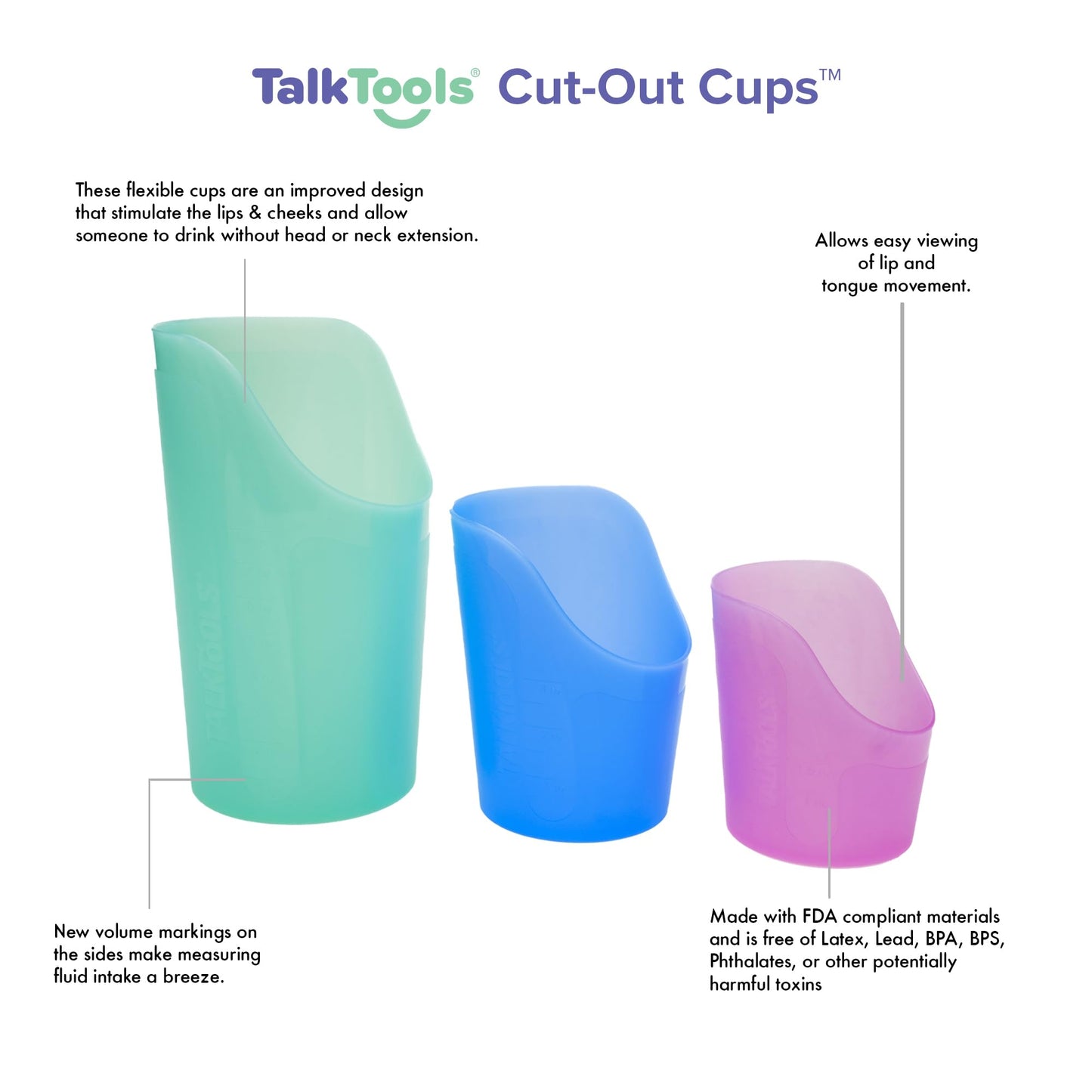 TalkTools CutOut Nosey Cups - Drinking Glass for Stable & Fixed Position, Special Drinking Cups, Therapy Training Cups, Motor and Coordination Support (All 3 Sizes (Pink, Blue & Green))
