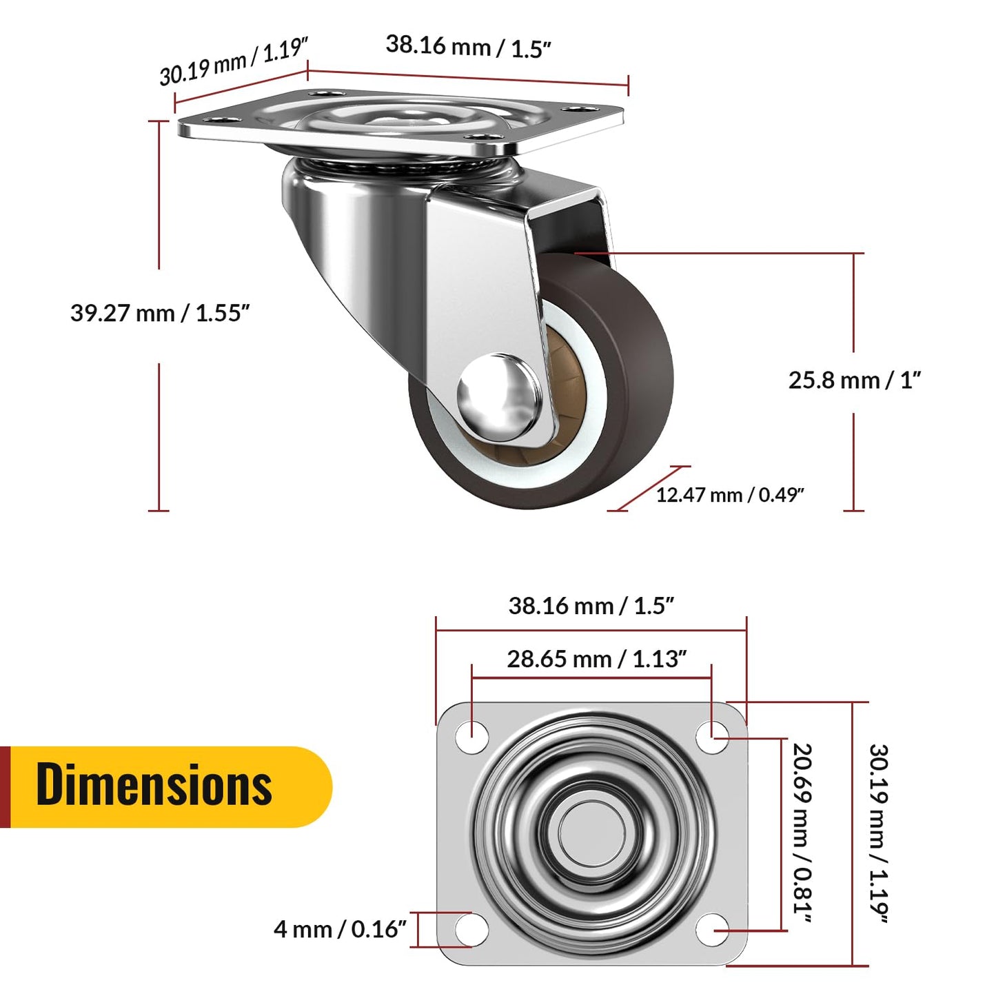 HOLKIE 1 inch Small Caster Wheels for Furniture Low Profile Casters Set of 4 Total Capacity 90 Lbs Perfect Wheels for Small Project,Nightstand,Side Table (No Brake)
