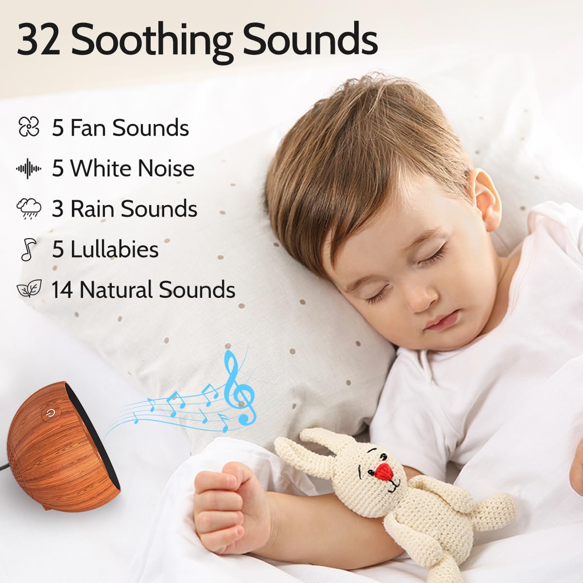 White Noise Sound Machine with 32 Calming Sounds 32 Volume Levels Pink Brown Noise Machine for Baby Kid Adult with 4 Timer Plug-in Noise Canceling Machine for Travel Office Privacy