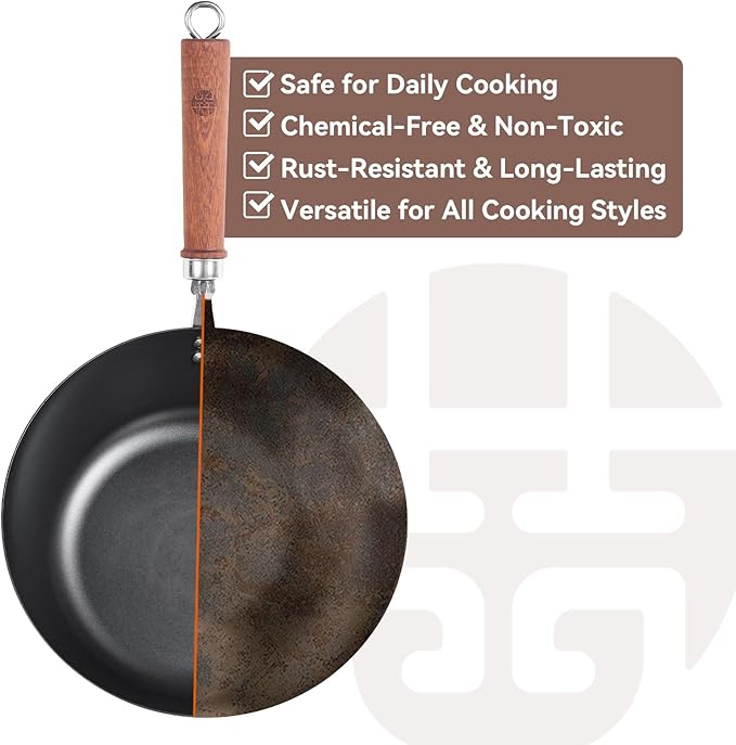 WANGYUANJI 10.24 Inch Iron Wok with Glass Lid, Flat Bottom Uncoated Wrought Iron Stir-Fry Pan, Deep Lightweight Wok Skillet with Wooden Handle for Gas, Electric & Induction Cooktops