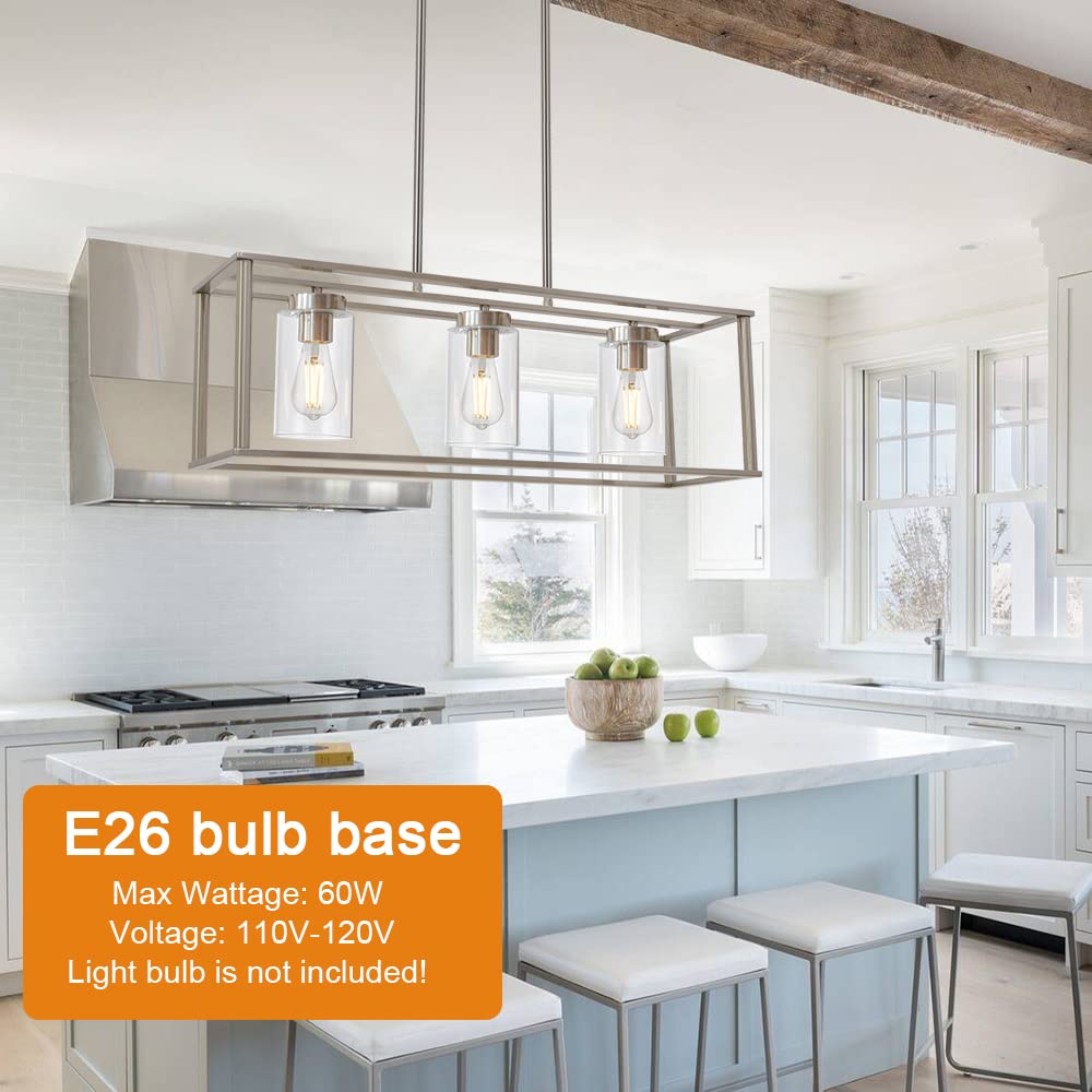 VINLUZ 3 Light Linear Chandelier Brushed Nickel Modern Pendant Light Fixture for Kitchen Island, Dining Room, Model 1811-3-SN