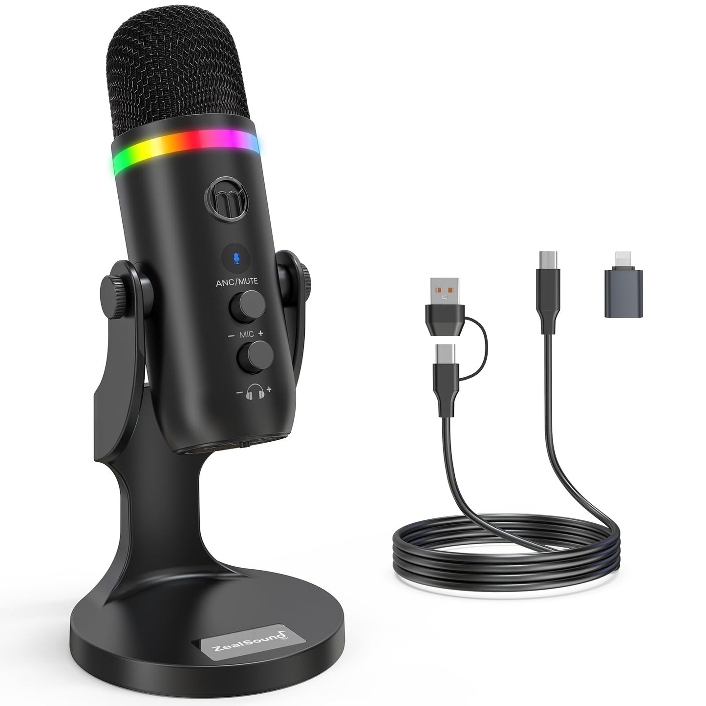 ZealSound USB Microphone for iPhone,Noise Cancellation Condenser mic with Touch Mute,Gain,Echo,Monitoring,RGB for iPad,PC,Podcas