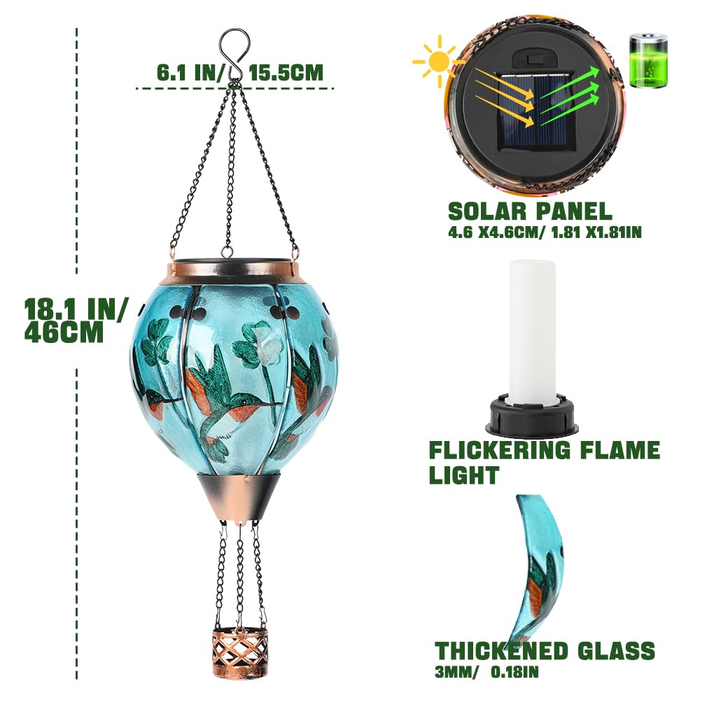Hot Air Balloon Solar Lantern - Hummingbird Glass Lantern Simulated Flickering & Dancing Flame Outdoor Hanging Shamrock Yard Light Waterproof Ip65 For Patio Lawn Porch Decor Irish Gift