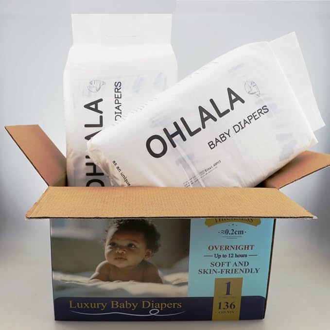 OHLALA Luxury Diapers Size 1 Hypoallergenic | Skin-Friendly & Leakproof | Fragrance-Free | Ultra-Thin | 2 Pack 136counts | 8-14 lbs