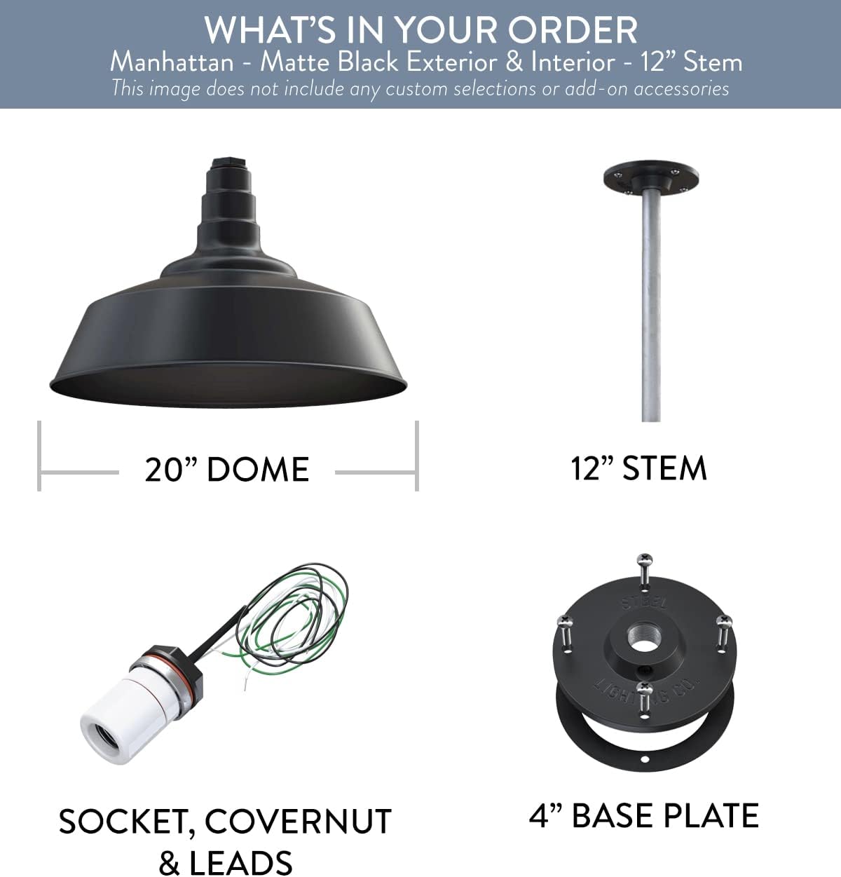 Steel Lighting Co. Manhattan Warehouse Light | Ceiling Mounted Pendant | 20 inch Dome | 12 inch Stem | Large Steel Barn Light Made in America | Matte Black Exterior/Matte Black Interior