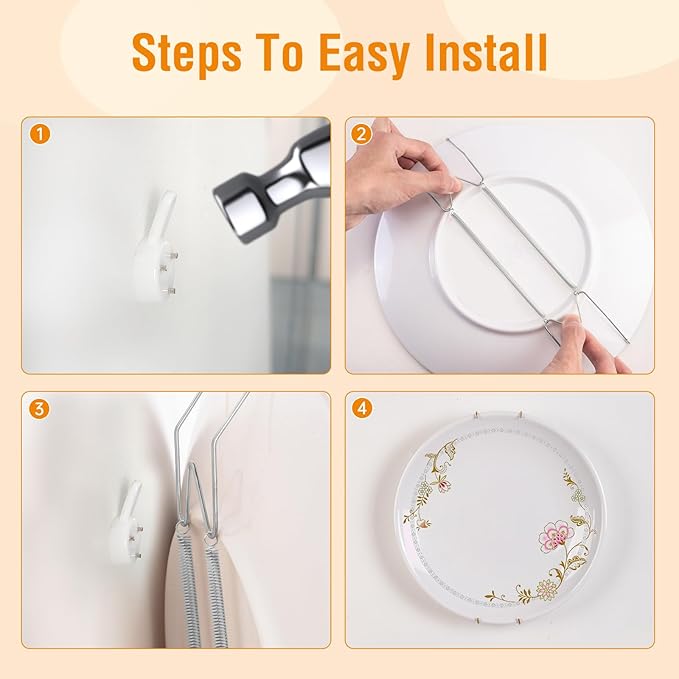 4 Pack Plate Hangers for The Wall, Suitable for 4-5 inch Art Plate, Stainless Steel Invisible Heavy Duty Wire Plate Holder with Wall Hooks, Plate Hangers for Displaying Plates, Platter, Dish, Silver