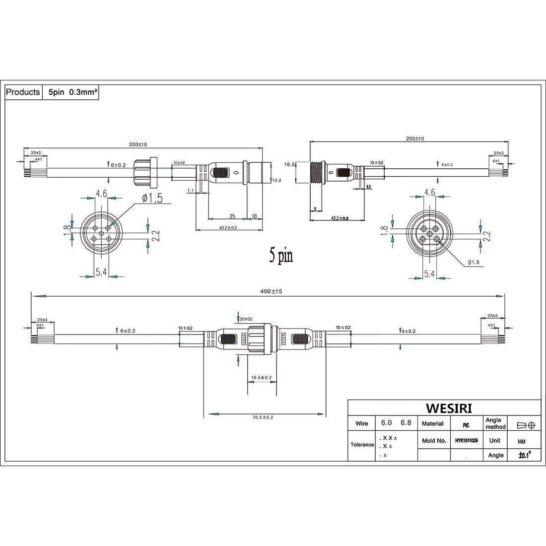 WESIRI 5Pairs 5pin Black Electrical Connector for LED Lights, 20cm Extension Cable, Plastic, Model 5x5pin-WP-B-B