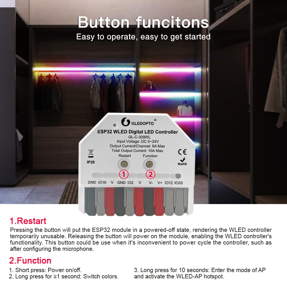 Gledopto Esp32 Mini Wled Led Controller Dc 5~24V Diy Dynamic Lighting Work With Addressable Digital Fcob Rgb Ic Ws2811 Ws2812 Sk6812 Tm1814 Ws2813 Ws2815 Strip Light Easy Wiring