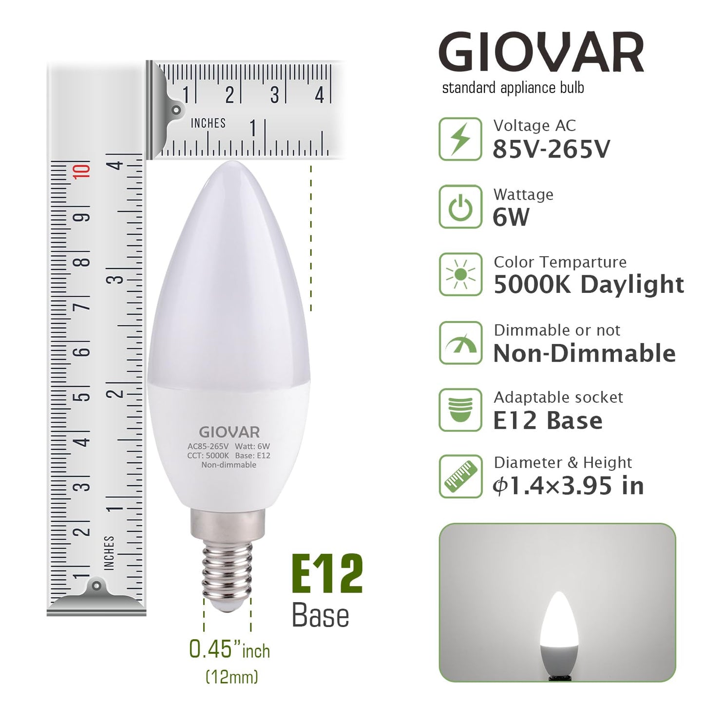 GIOVAR 4Pack LED Celing Fan Light Bulbs 60 Watt, Daylight 5000K, E12 Candelabra Bulb Base Socket, 120V, Type B, Non-Dimmable