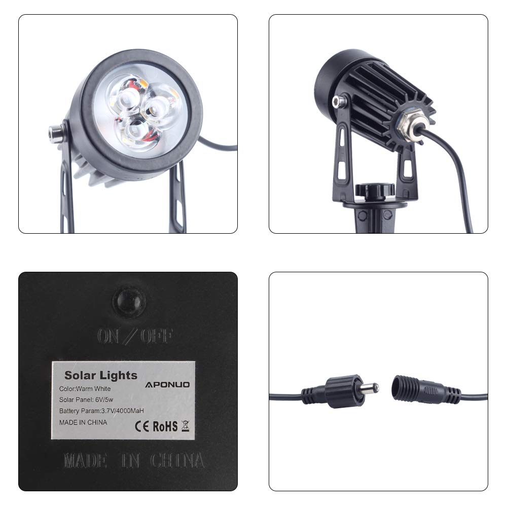 APONUO Solar Spotlights - Low Voltage Outdoor Lighting, IP65 Waterproof, 4-in-1, Cool White, 9.8ft Cable, Aluminum, White