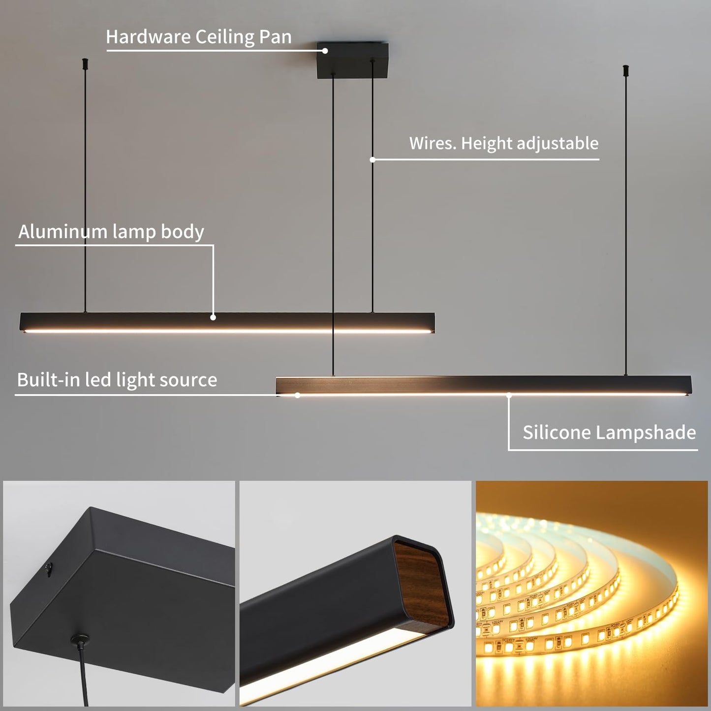 Mikeru Modern 2-Light Chandelier Pendant Light, 47IN, Aluminum, E-Black, Remote Control, Adjustable Color Temperature 3000K-6500K