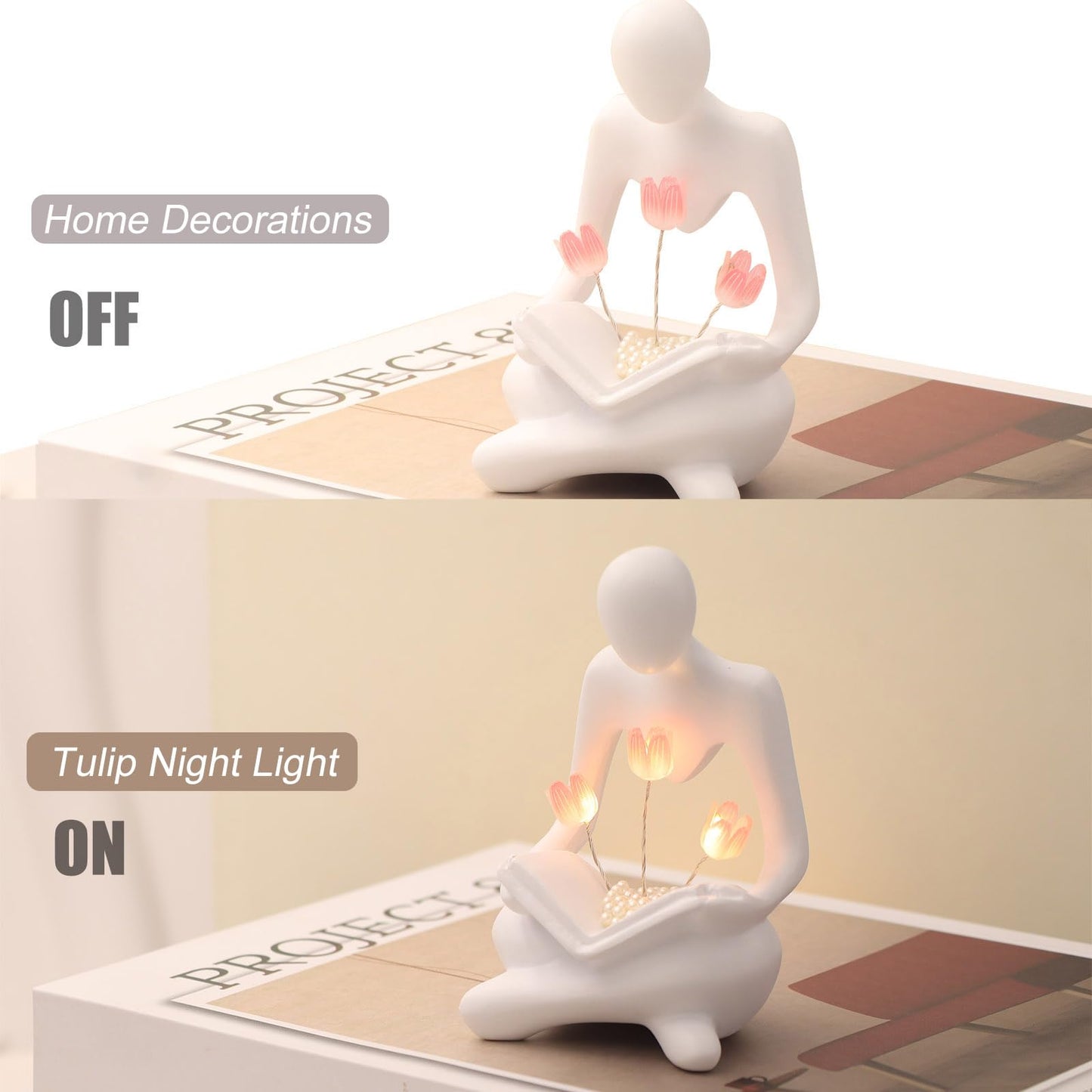 Itownkn Reading Sculptures Tulip Lamp Thinker Statue Figurine Battery Powered Night Light Modern Abstract Home Decoration Living Room Bookshelf Office Shelves Desk Decor Aesthetic Gift