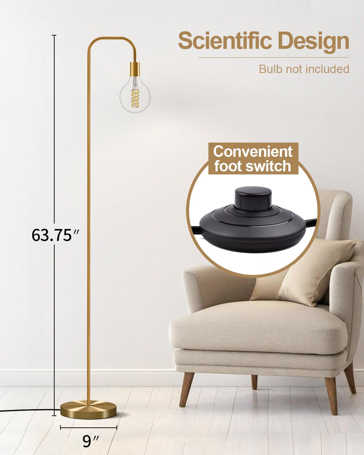 Oneach Industrial Floor Lamp - 63.75 Antique Brass Gold, Minimalist Design For Living Room, Bedroom, Office - Model Amz-F2016-Gl