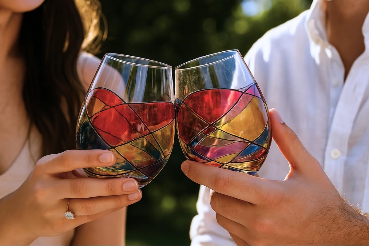Sagrada Barcelona Stemless Wine Glasses β Hand-Painted Set of 2 Unique Wine Gift for Wedding, Anniversary, Housewarming & Christmas β Ideal for Women & Men