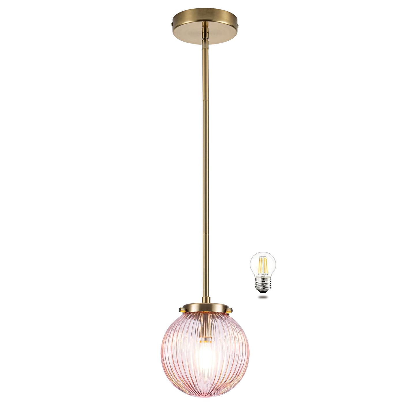 MAYNA Pendant Lighting with Pink Striped Glass Lmapshade, Brass Pendant Lights for Kitchen Island, Adjustable Height Ceiling Han