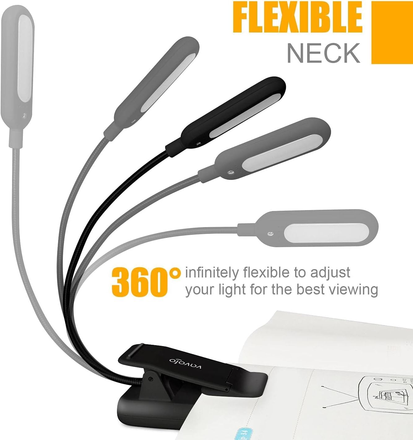 VAVOFO Clip On Reading Light, 7 LEDs, 3 Color Temperatures, 9 Brightness Levels, 2-Pack, Black, Model KM-6720