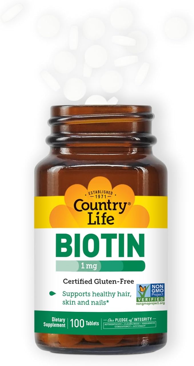 Country Life Biotin 1mg Supports Healthy Hair, Skin & Nails, 100 Tablets, Certified Gluten Free, Certified Vegan, Certified Halal, Non-GMO Verified