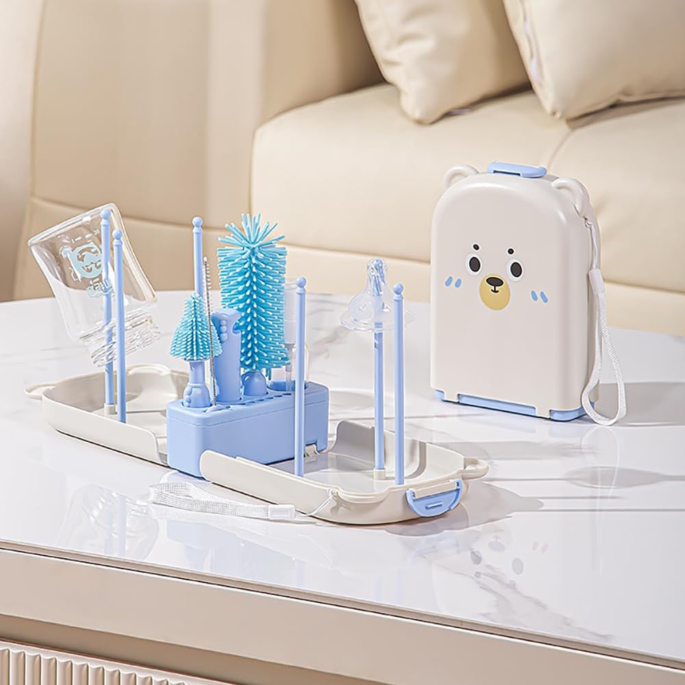 Onluckdeer 6-in-1 Portable Baby Bottle Cleaning Set, Silicone Baby Bottle Brush Kit with Bottle Brush,Nipple Brush,Straw Brush,Soap Dispenser, Drying Rack, Travel Storage Case, BPA Free,Blue