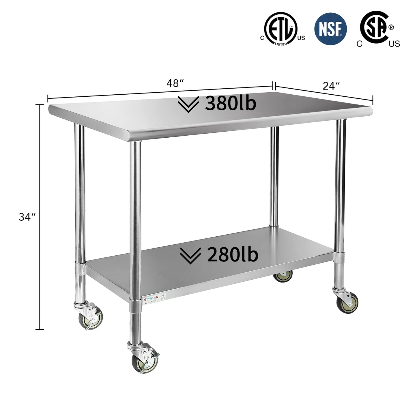 STABLEINK Stainless Steel Table with Wheels 24 x 48 Inches 4ft, NSF Commercial Prep & Workbench with Adjustable Undershelf, for Commercial Kitchen, Restaurant, Laundry, Hotel and Garage