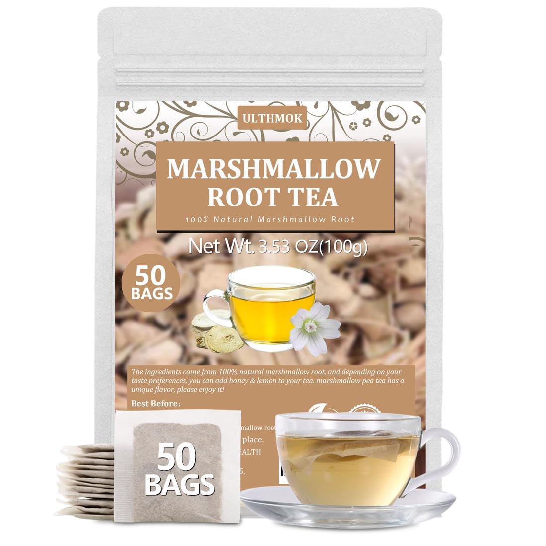 50 enhanced Marshmallow Root Tea Bag 100% Natural Pure Althaea Officinalis No Additives & Caffeine Free Caffeine-free - Respiratory Support & Promote Digestion.