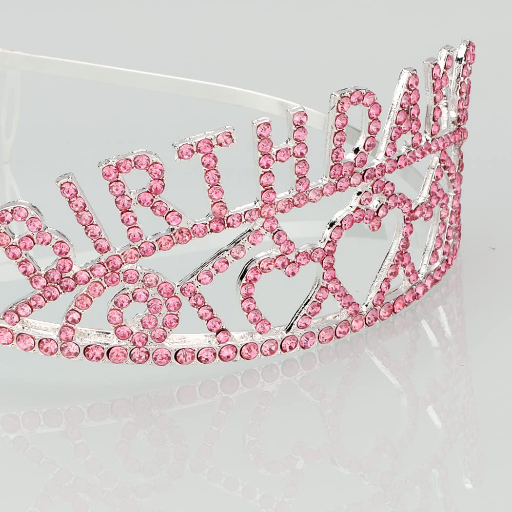 AOPRIE Pink Silver Birthday Crowns for Women Tiaras for Women Crowns for Girls Rhinestone Crystal Decor Headband