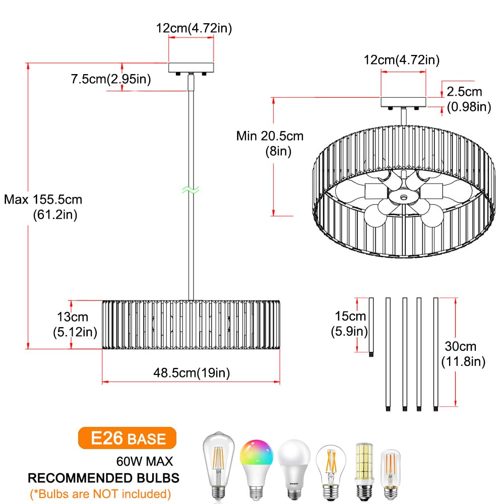 Gold Crystal Chandelier For Dining Room 6-Light Modern Semi Flush Mount Ceiling Lighting Fixtures Round Kitchen Fixtures Ceiling Hanging Drum Pendant Lights For Living Room Bedroom Foyer 19In E26