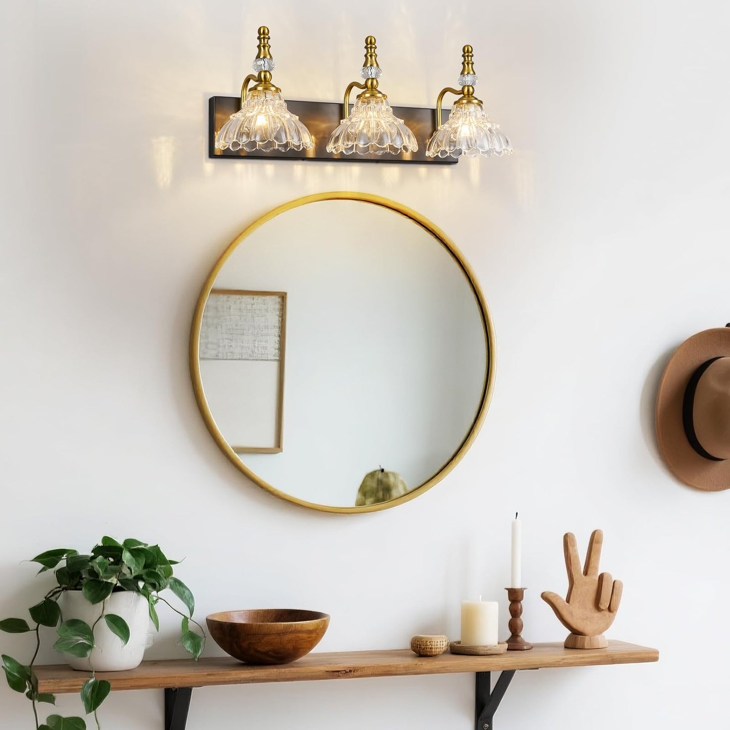 Lbsqj Vintage Bathroom Vanity Light 3-Light Black Gold Vanity Lighting Fixture With Flower Glass Shade Bathroom Lighting Fixtures Over Mirror