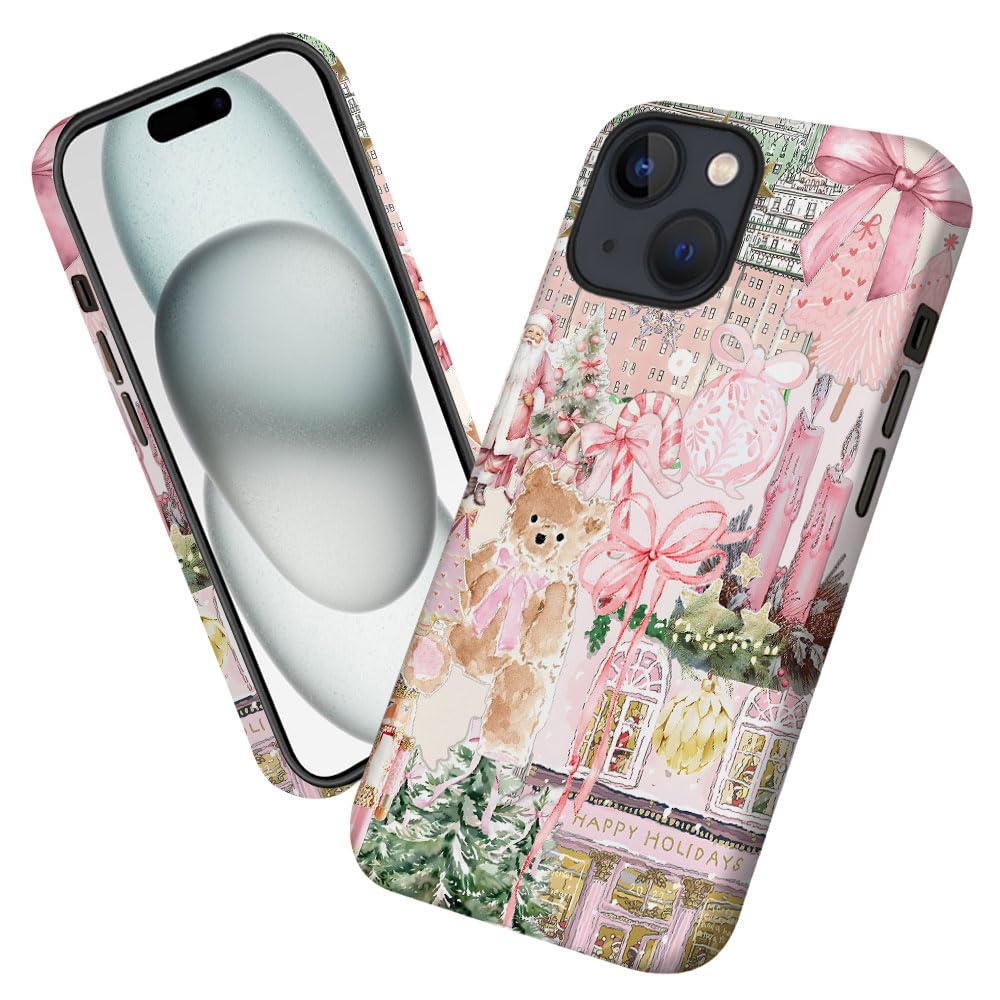 Case for iPhone 13,Pink Tree Christmas Holiday Phone Case Military-Grade Drop Protection Cover for Women Girl - Frosted