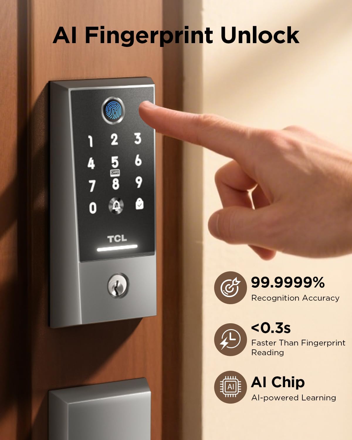 TCL D2 Plus Smart Lock, Fingerprint Door Lock, Built-in Doorbell & Wi-Fi, No Hub Needed, Keyless Entry Electronic Deadbolt for Front Door, Compatiable with Alexa&Google Assistant, Auto Lock