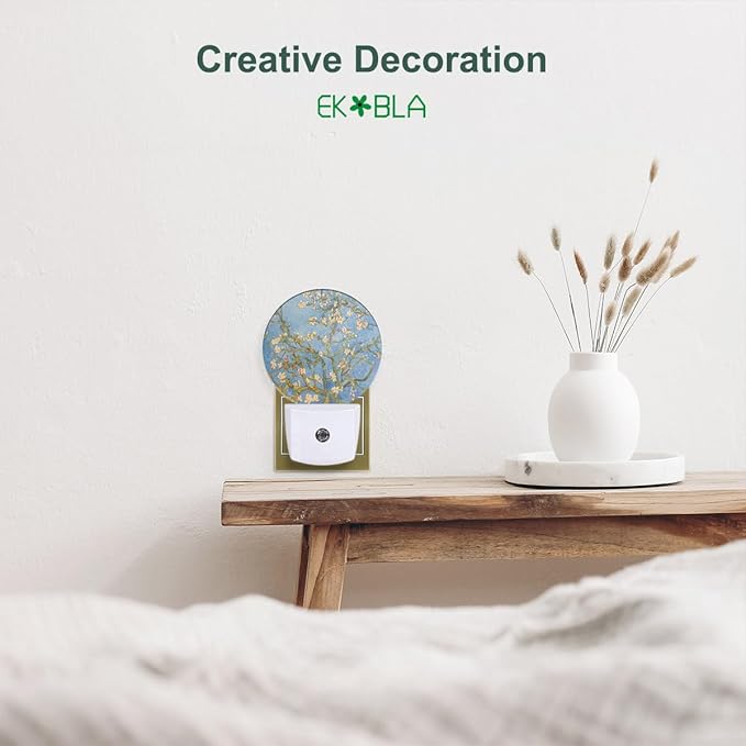 EKOBLA Almond Tree Blooming Night Light - Van Gogh Floral Painting LED Plug-in Nightlights with Dusk to Dawn Sensor, 0.5W Sleep-Friendly Lighting for Bedroom & Living Room (White & Blue)
