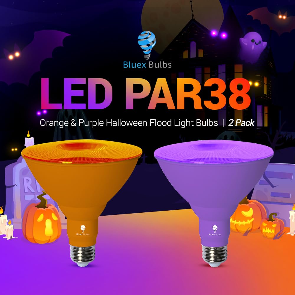 Par38 Led Flood Light Bulb - 18W (120Watt Equivalent) - Dimmable - E26 Base - Led Lights Party Decoration Porch Home Lighting Holiday Lighting Flood Lights (Purple+Orange 2 Pack)