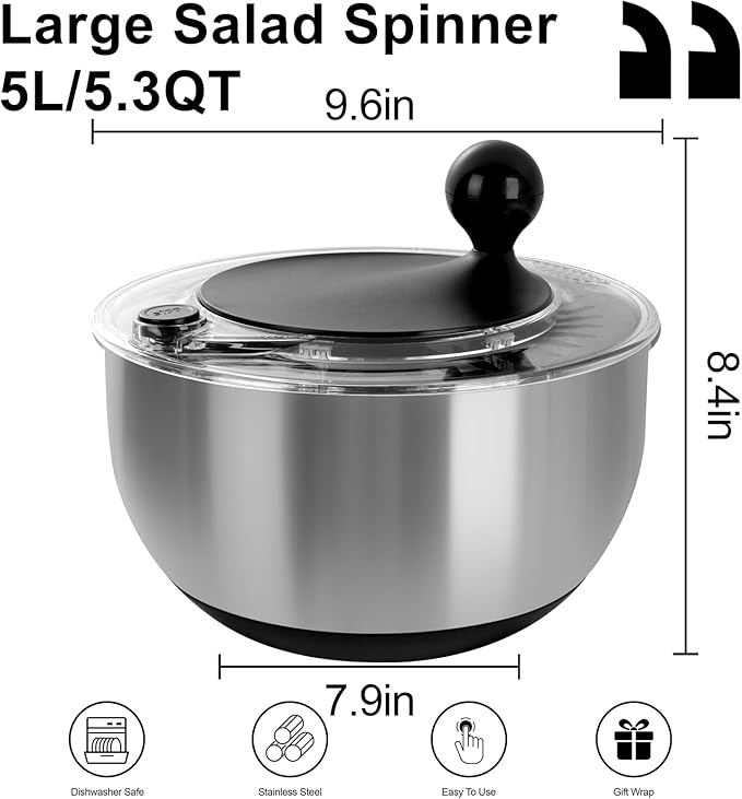 supernal 5.3Qt Salad Spinner Lettuce Spinner with Stop Button Vegetable Dryer Fruit Washer Chopper Bowl Non-Slip Base Dishwasher Safe Fruit Washing Bowl with Strainer Clear Lid & Drainage Hole Black