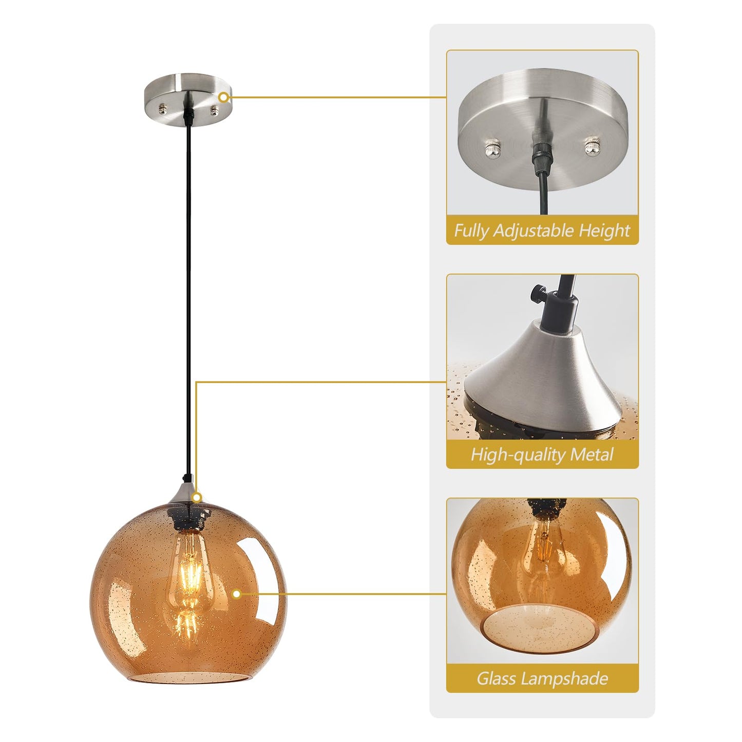 Lbsqj Amber Glass Pendant Lights Kitchen Island Globe Pendant Light Fixtures Modern Pendant Lighting For Bedroom Living Dining Room Light Fixture (9.84 In 1 Pack)