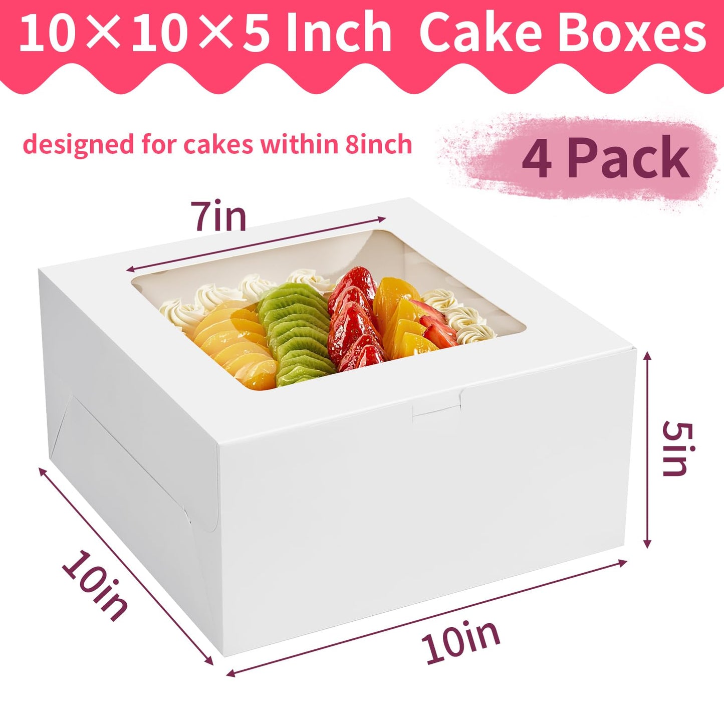 4 Pack Cake Boxes 10 Inch, Disposable Cake Transport Container, White Bakery Boxes with Large Window, for Cookies Pies Cupcakes Pastry (10×10×5 Inches)