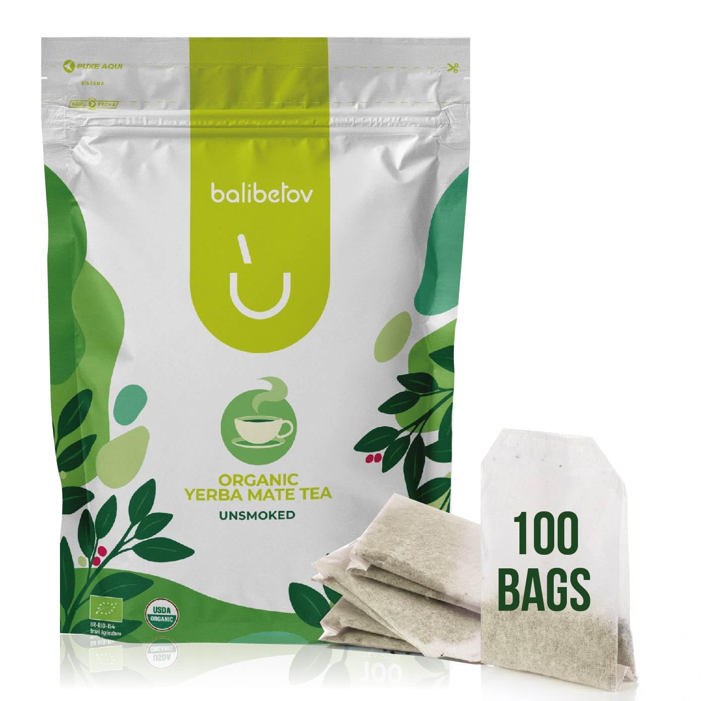BALIBETOV Organic Unsmoked Yerba Mate Tea Bags - 100 Count Traditional Cut Clean Natural Energy Gluten-Free & Vegan Enjoy Hot or Cold