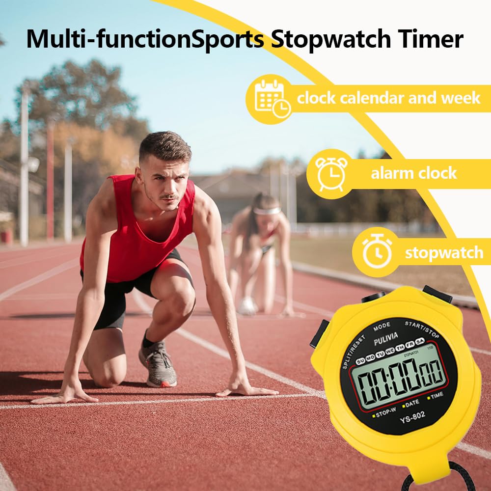 PULIVIA Sports Stopwatch Timer, Single Lap Split Digital Stop Watch for Sports Kids Coaches Swimming Running, Yellow