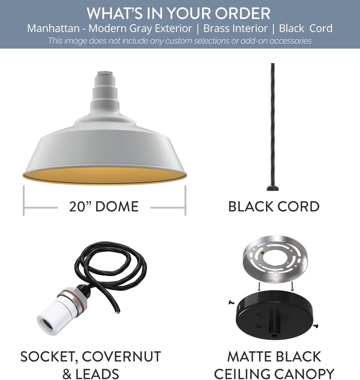 Steel Lighting Co. Manhattan Warehouse Light | Ceiling Mounted Pendant | 20 inch Dome | 4' Black Cord | Large Steel Barn Light Made in America | Modern Gray Exterior/Brass Interior