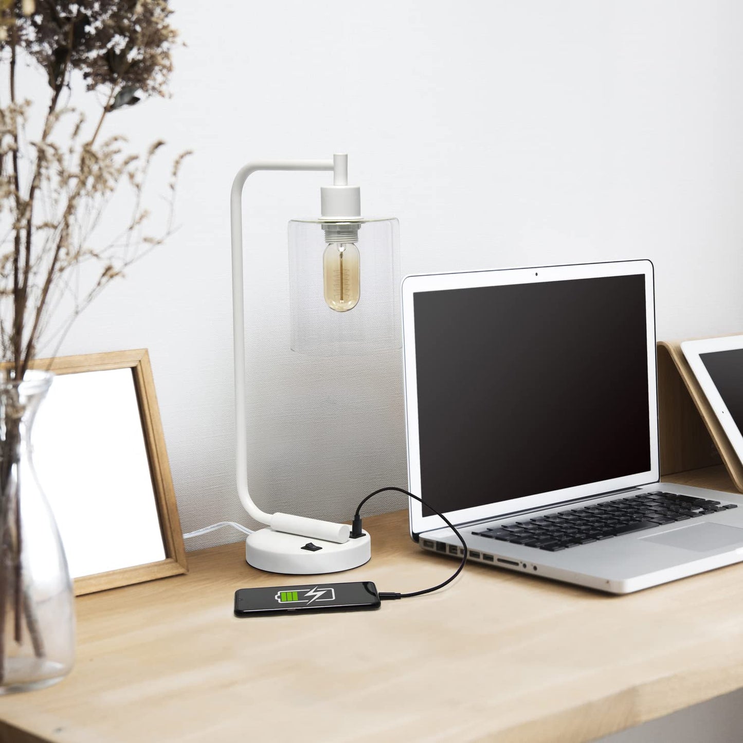 Simple Designs Bronson Industrial Iron Lantern Desk Lamp with Dual USB Ports, Glass Shade, White, Model LD1066-WHT
