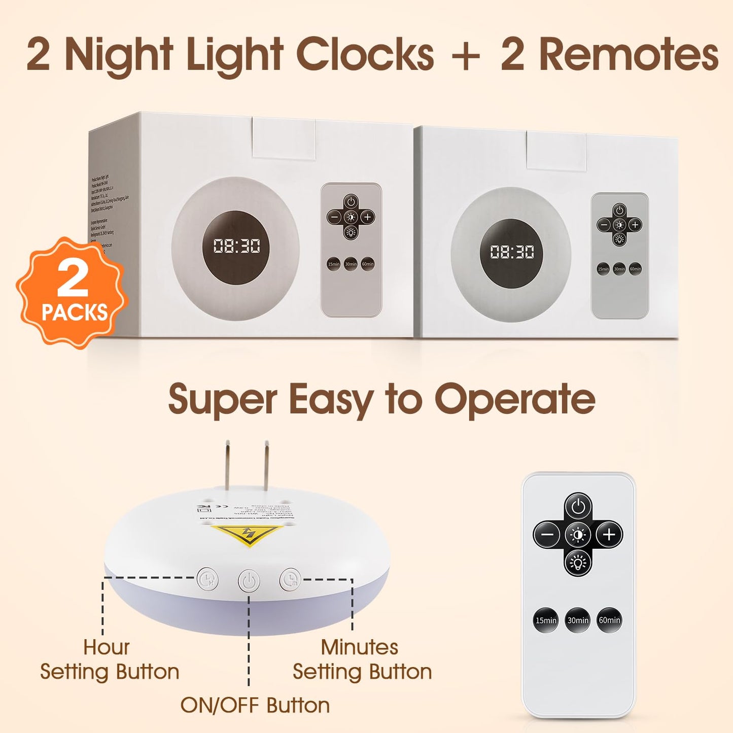 One Fire Night Light, 2PCS LED Plug-in Night Lights, Dimmable, 3 Light Colors, Bathroom Clock, Remote & Timer, ABS Material