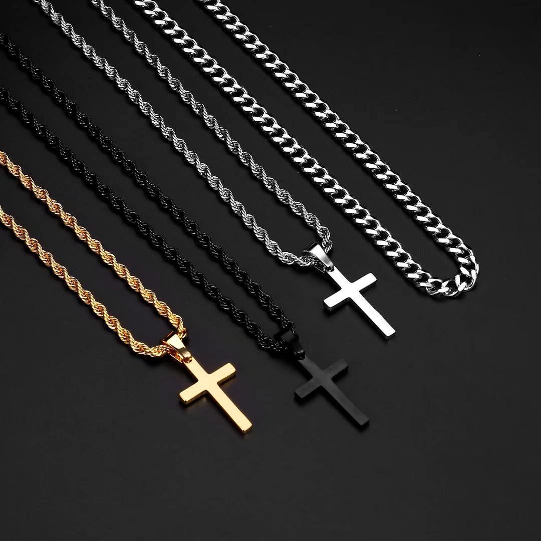 Ursteel Silver Cross Necklace for Men, Stainless Steel Silver Layered Rope Chain Cross Necklace for Men 16-18 Inch Cross Necklac
