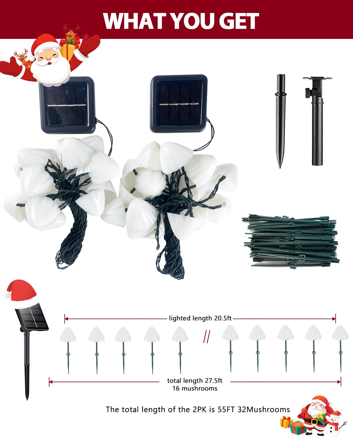 Ozs 2Pk 32Led 55Ft Red And White Christmas Decorations Mushroom Solar Lights Christmas Lights Outdoor With 8 Lighting Modes Solar String Lights Waterproof For Outside Yard Party