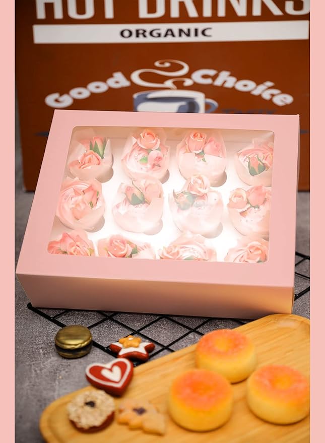 Bakepacker 12 Cupcake Containers 20-Packs Pink Cupcake Box Cupcakes Carrier, 12 Cupcake Boxes with Window 13"x10"x3.5"(Auto-pop up)