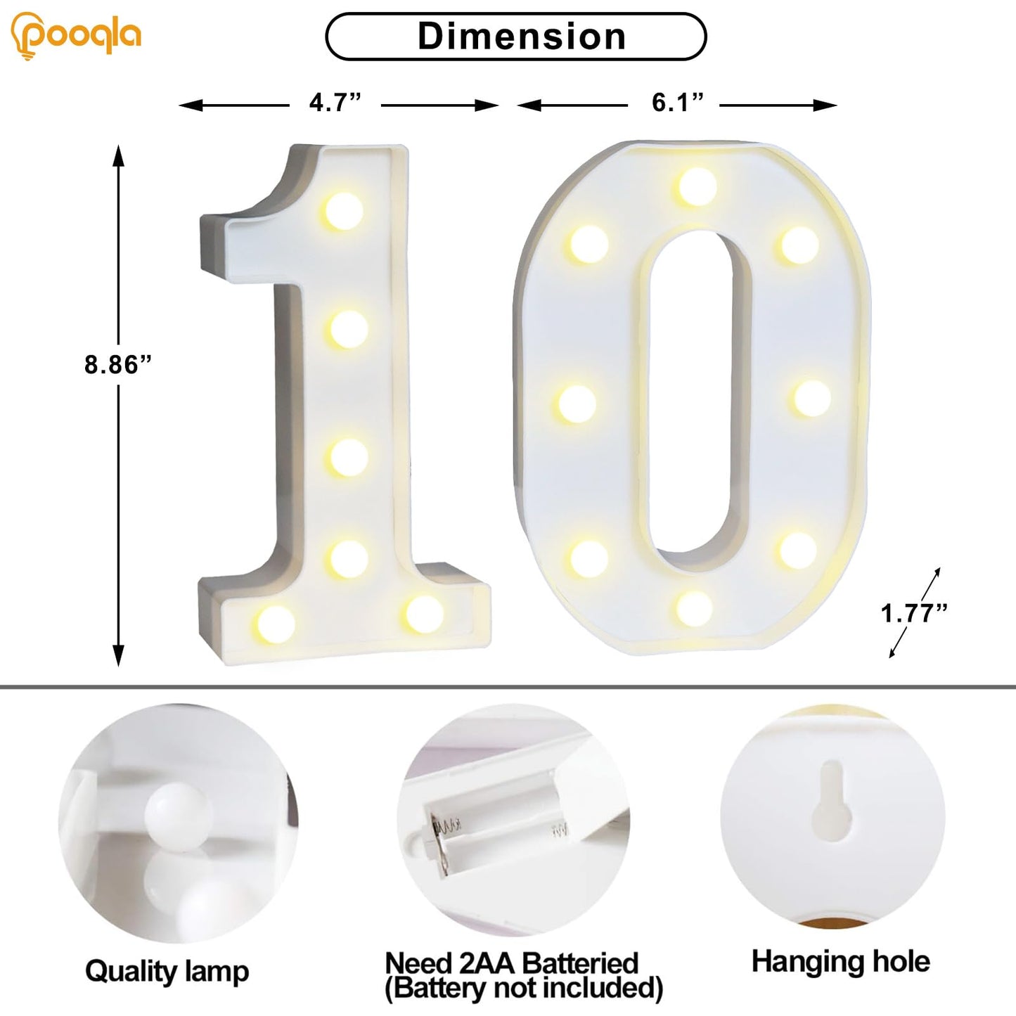Pooqla LED Number 10 Decoration Sign, Marquee Party Backdrop, Plastic, Cool White & Warm White, Model DENC-BP-01