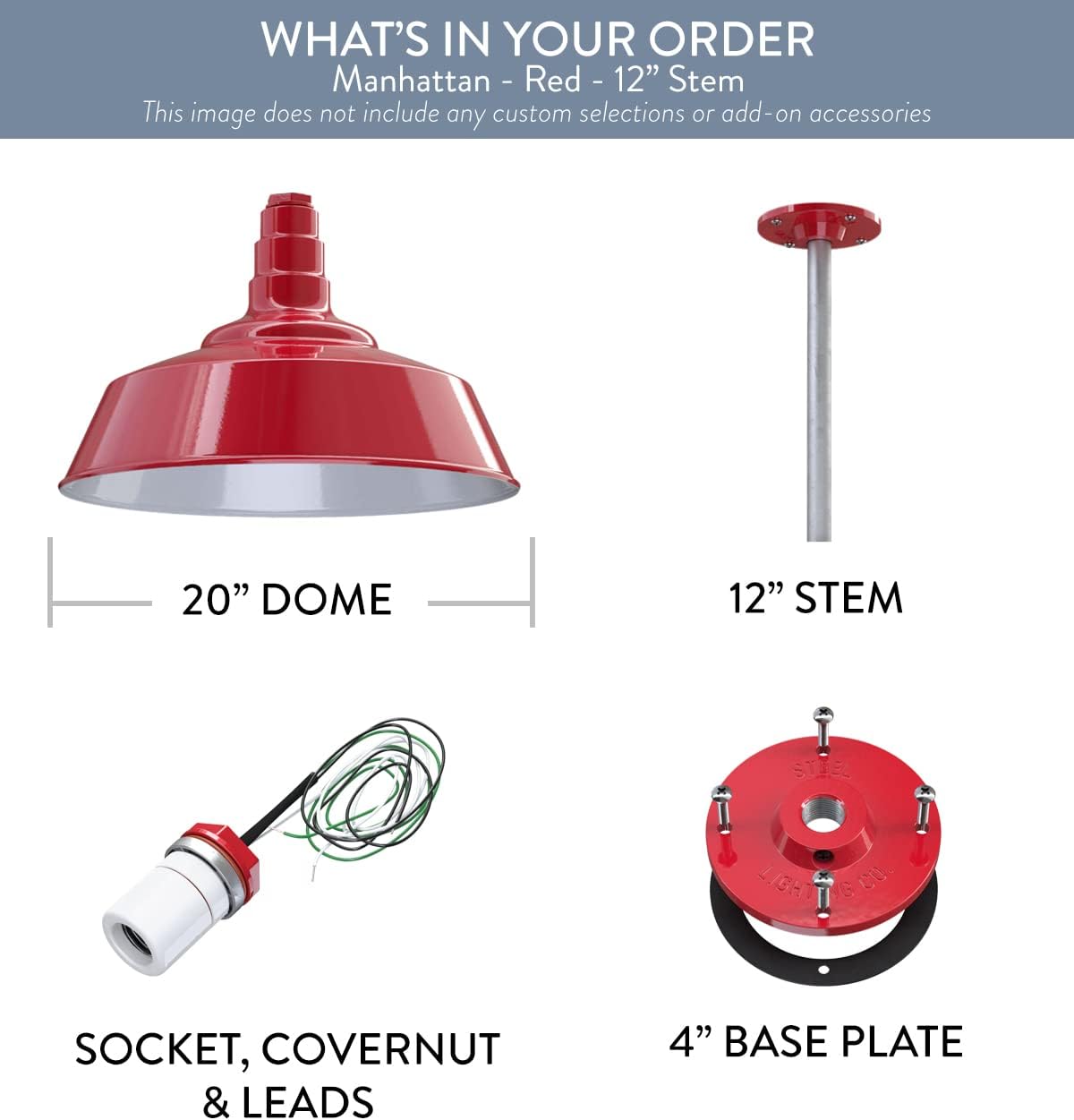 Steel Lighting Co. Manhattan Warehouse Light | Ceiling Mounted Pendant | 20 inch Dome | 12 inch Stem | Large Steel Barn Light Made in America | Red Exterior/White Interior