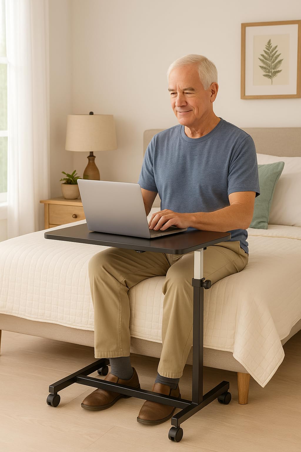 DR. DUNLEY Adjustable Overbed Table on Wheels – Height Adjustable from 30” to 42” – H-Base Rolling Bedside Table for Home, Hospital & Nursing Use – Supports 50 lbs – 15” Wide Surface