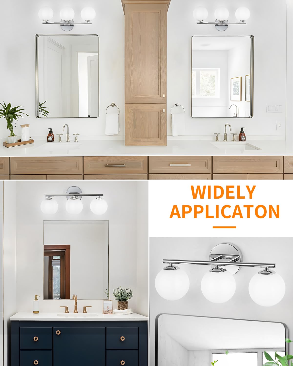 Foucasal Globe Bathroom Light Fixtures Chrome Vanity Light With Plastic Milk White Globe Shades 11.81 Inch Wall Sconce Lighting Over Mirror 3-Light Vanity Lights For Bathroom Hallway Living Room