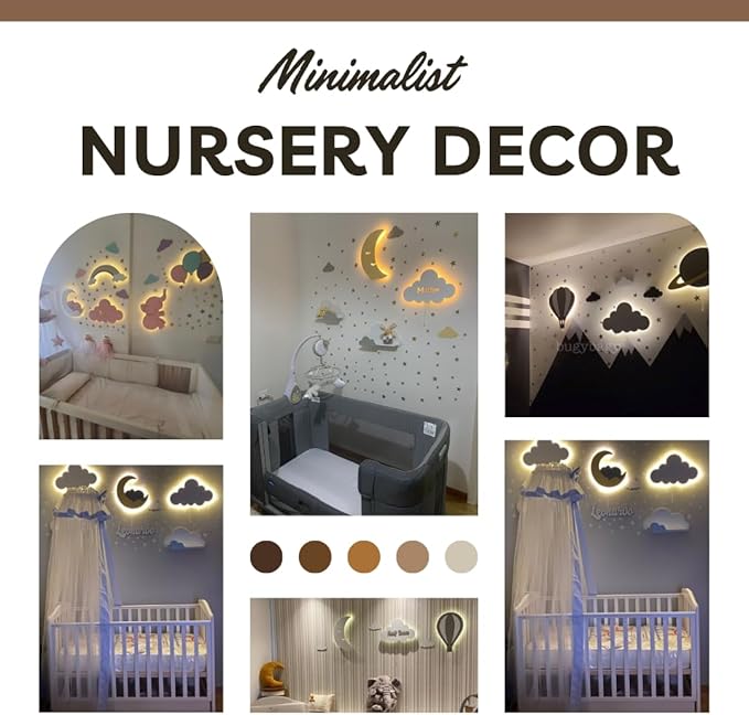 BugyBagy Nursery Wall Lamp Set ā 3 Hand Painted Night Lights for Baby Room (Hot Air Balloon, Cloud, Elephant on Moon) + Bonus Wall Stickers ā Soft Linen Colors Pink or Blue (Blue Theme 2)