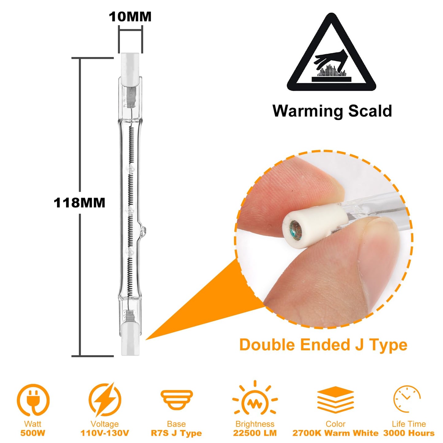 Jaenmsa R7S Halogen Bulbs 500W 120V, R7S T3 118mm 500W Bulbs 4.6 Inch, J Type Double Ended Halogen Light Bulbs for Work,Security,Landscape Lights,Dimmable,5 Pack