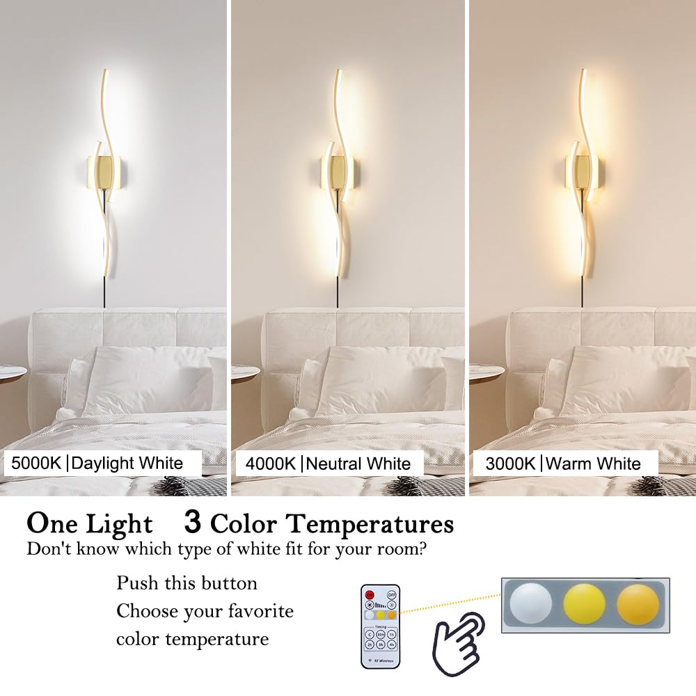 Daunton Modern Gold Wall Sconce Set of 2, Dimmable LED Light Fixture, 27.5in, Plug-in Cord, Remote Control, Metal